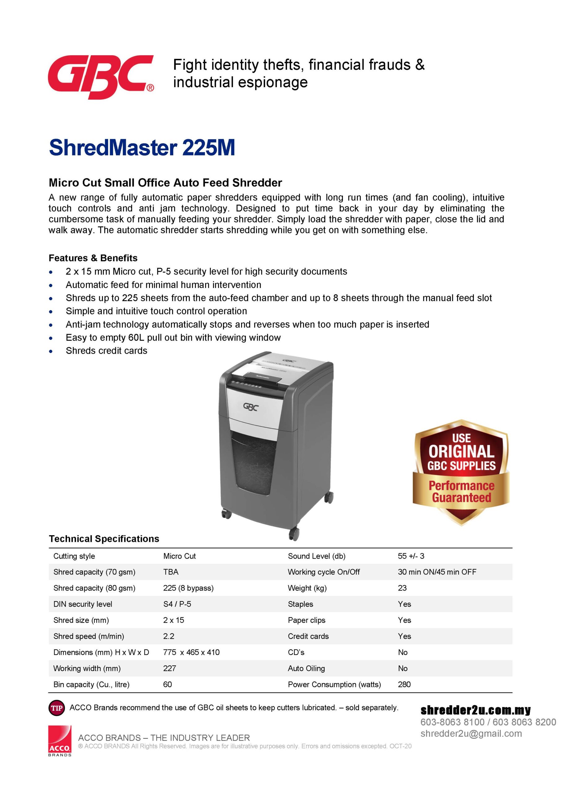 GBC ShredMaster 225X Specification