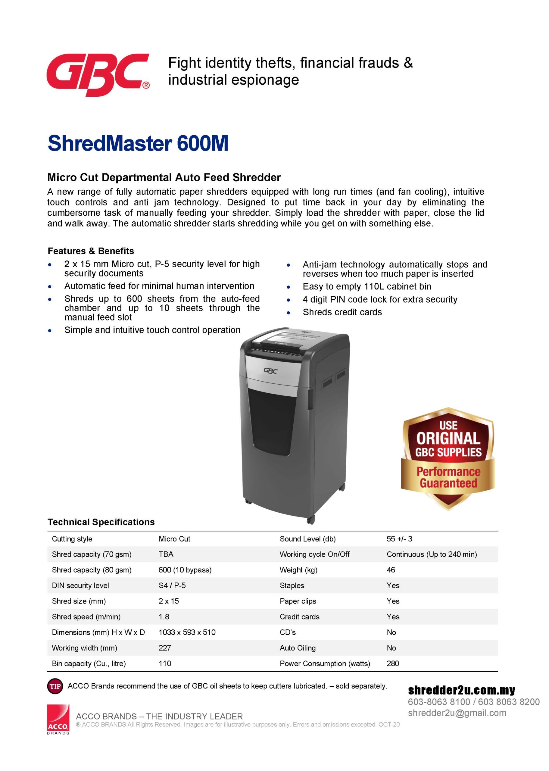 GBC ShredMaster 600X Specification