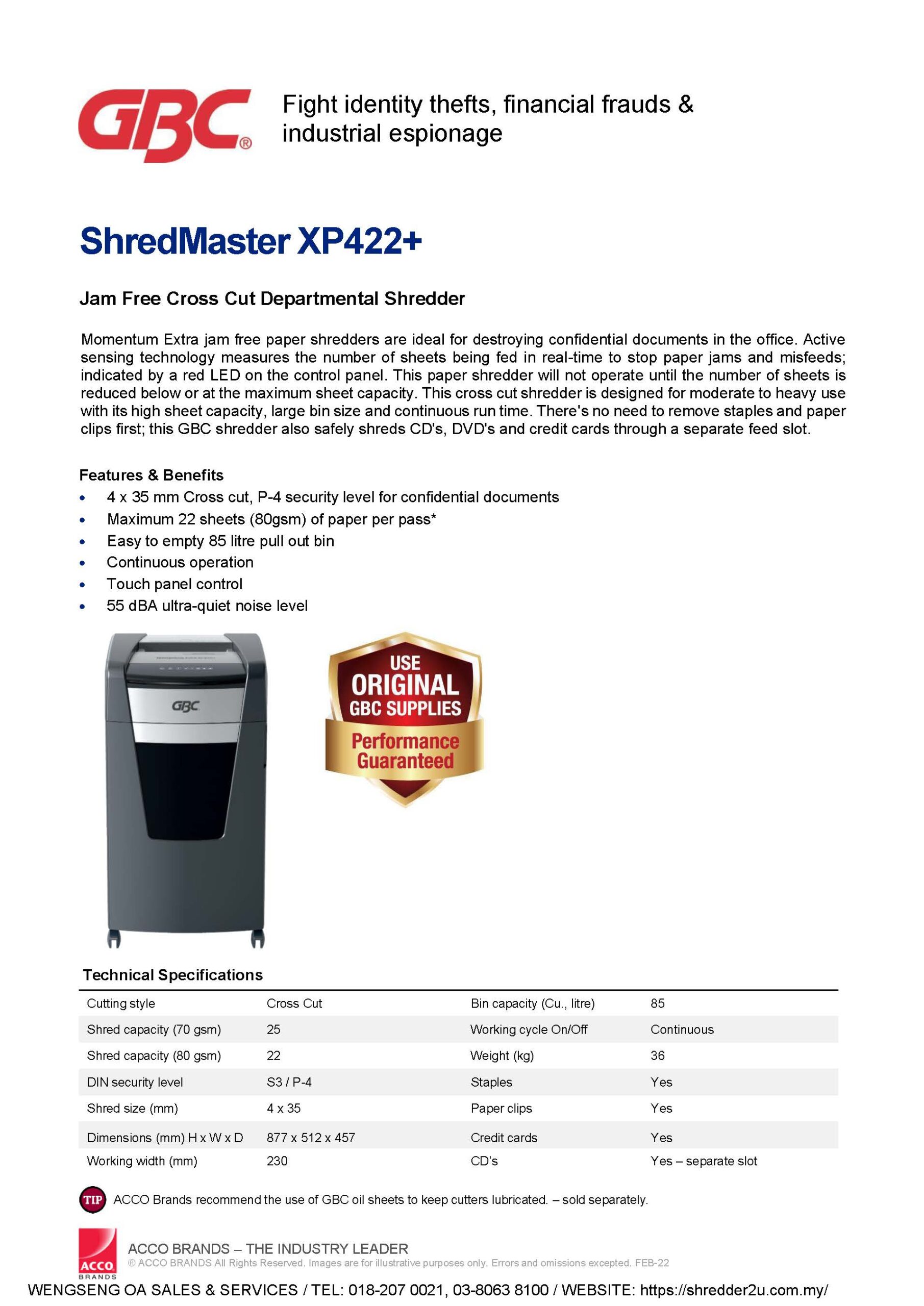 GBC Shredmaster XP422+ catalog