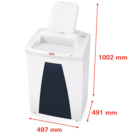 HSM Securio AF500C auto-feed paper shredder, security level P-4 — dimensions diagram, shows 1002mm height, 491mm depth, 497mm width on white HSM Securio AF500 auto-feed shredder