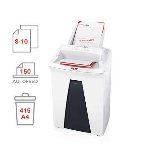 HSM Securio AF150CC auto-feed paper shredder, security level P-5 — feature diagram, Autofeed infographic: "8-10" manual sheets, "150" autofeed sheets, "415 A4" bin capacity, product photo with stacked documents