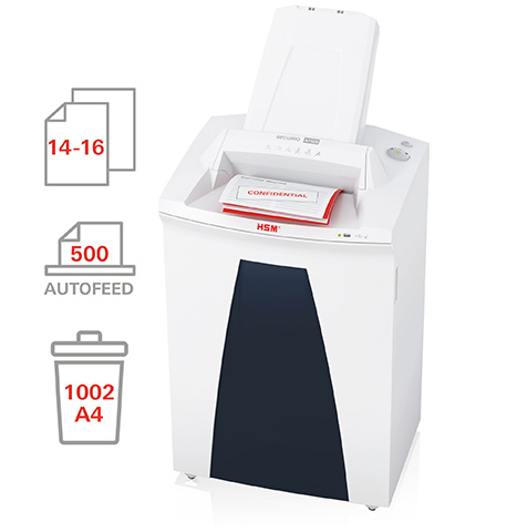 HSM Securio AF500CC auto-feed paper shredder, security level P-5 — feature diagram, Autofeed infographic: "14-16" manual sheets, "500" autofeed sheets, "1002 A4" bin capacity, product photo with stacked documents
