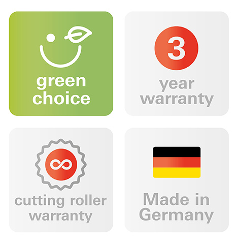 HSM Securio AF500CC auto-feed paper shredder, security level P-5 — feature diagram, Four badge icons: green choice, 3 year warranty, cutting roller warranty (infinity symbol), Made in Germany flag