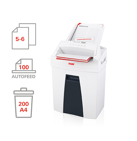 HSM Securio AF100C auto-feed paper shredder, security level P-4 — feature diagram, Autofeed infographic: "5-6" manual sheets, "100" autofeed sheets, "200 A4" bin capacity, product photo with stacked documents