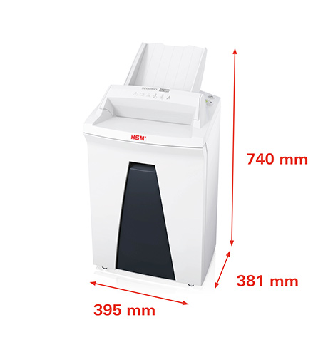 HSM Securio AF150CC auto-feed paper shredder, security level P-5 — dimensions diagram, shows 740mm height, 381mm depth, 395mm width on white HSM Securio AF150 auto-feed shredder