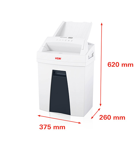 HSM Securio AF100C auto-feed paper shredder, security level P-4 — dimensions diagram, shows 620mm height, 260mm depth, 375mm width on white HSM Securio AF100 auto-feed shredder