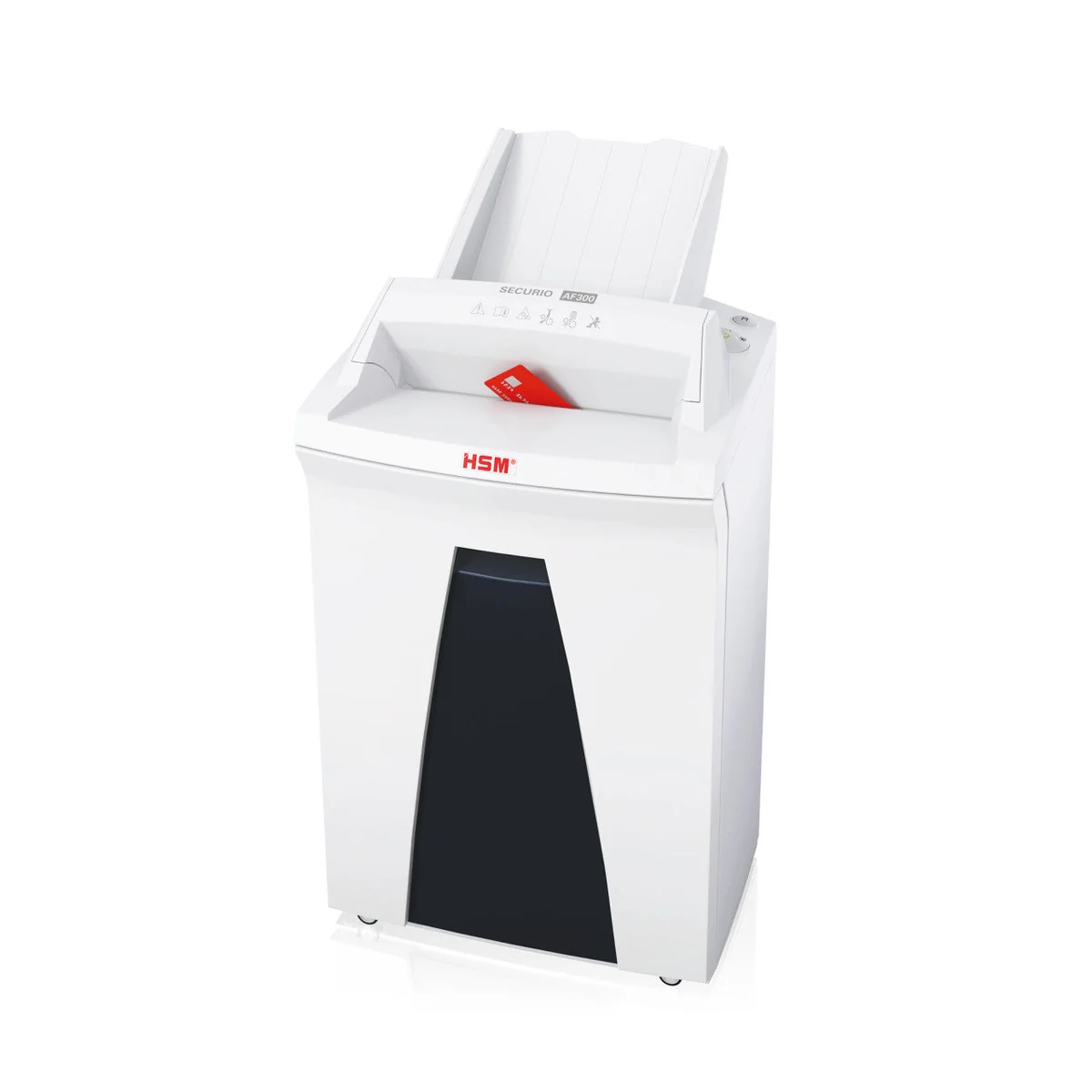HSM Securio AF300 paper shredder with the auto-feed lid open