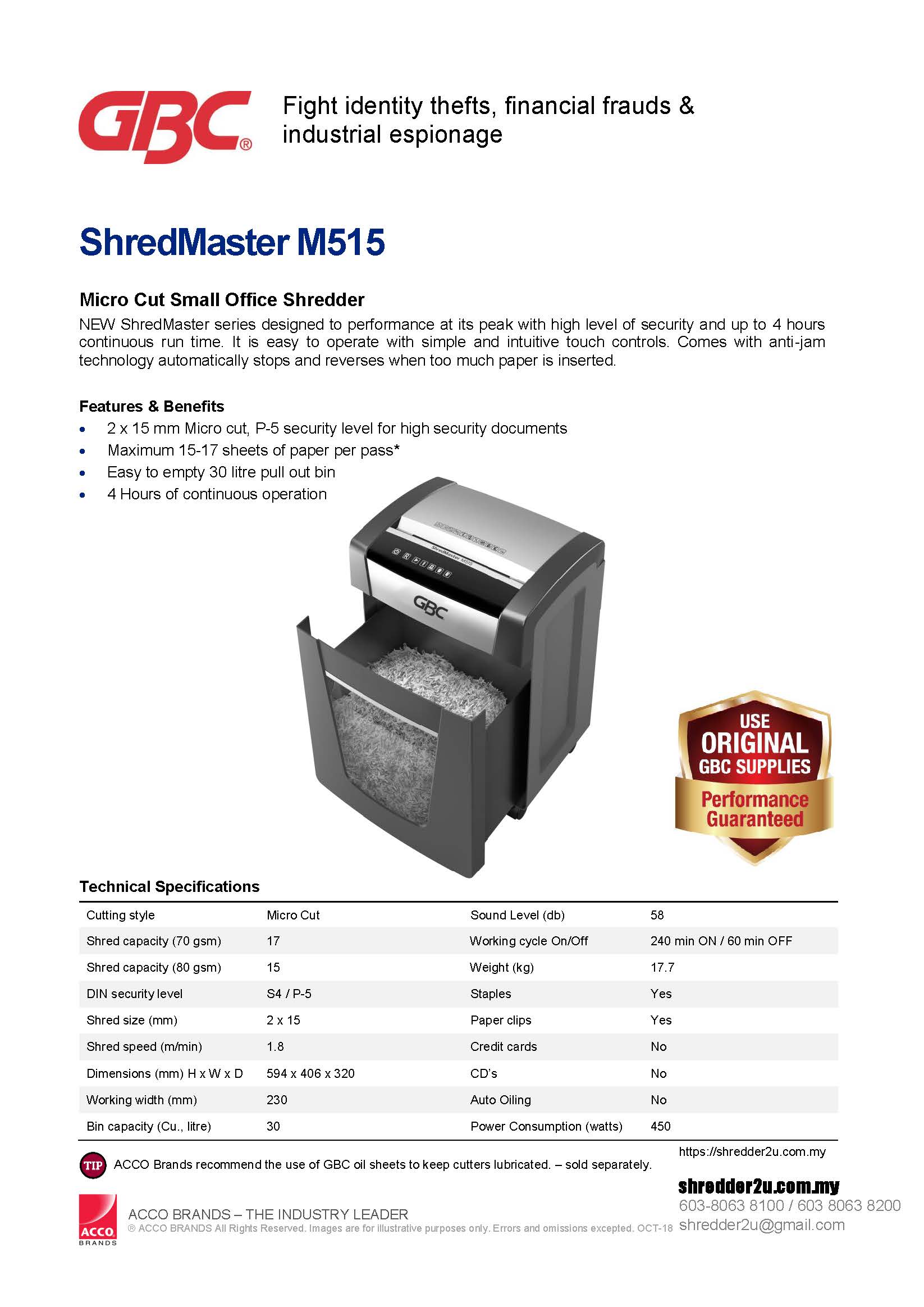 GBC ShredMaster M515 Specification