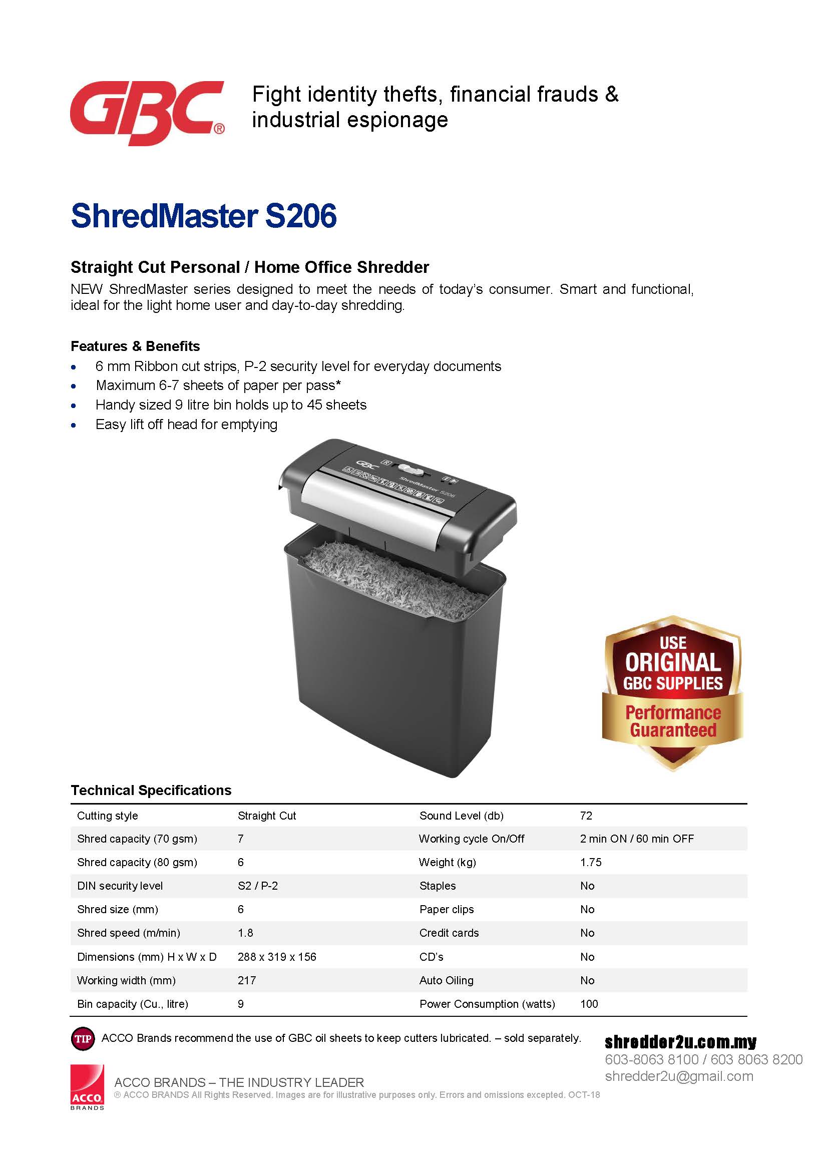 GBC ShredMaster S206 Specification