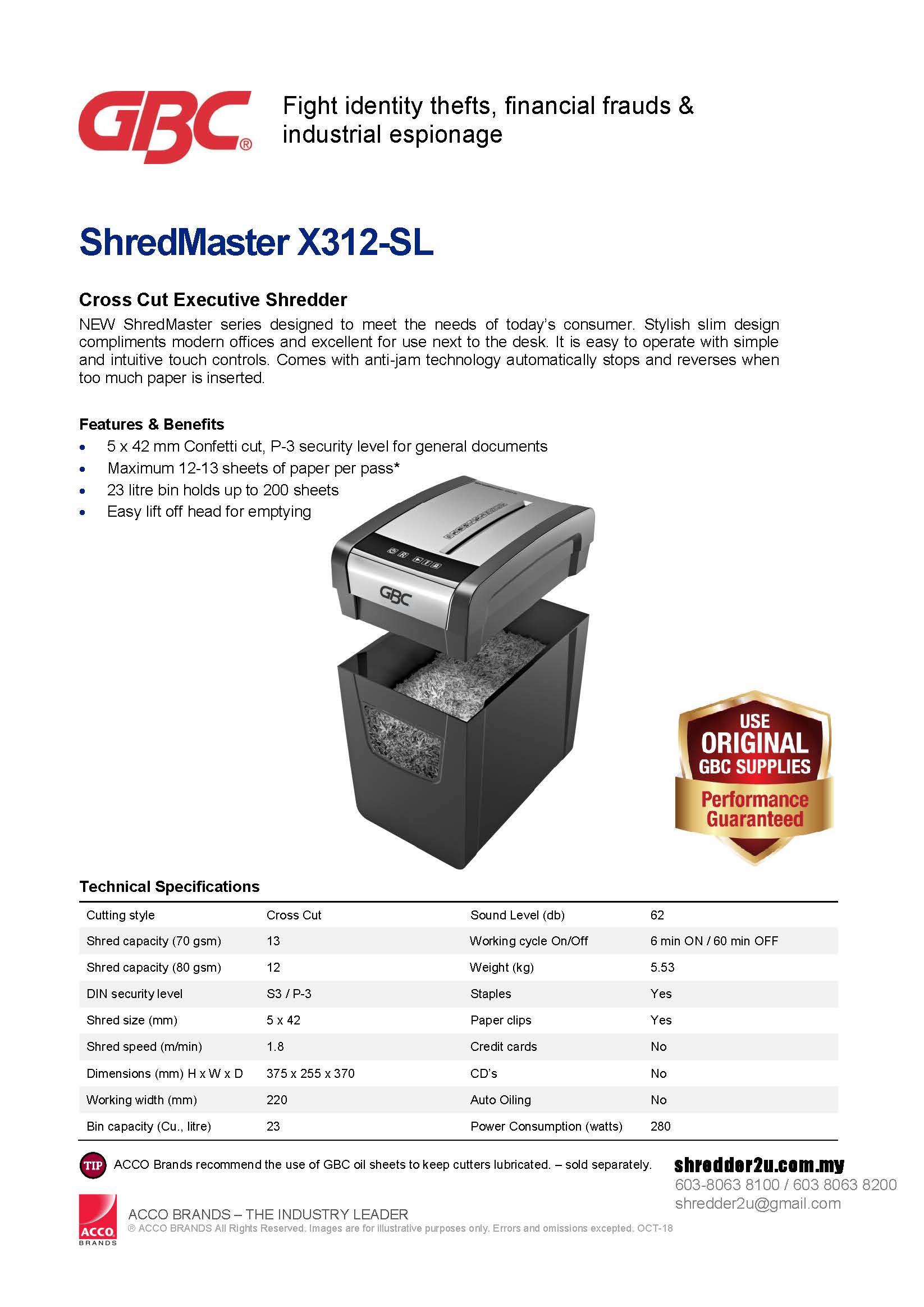 GBC ShredMaster 312X-SL Specification