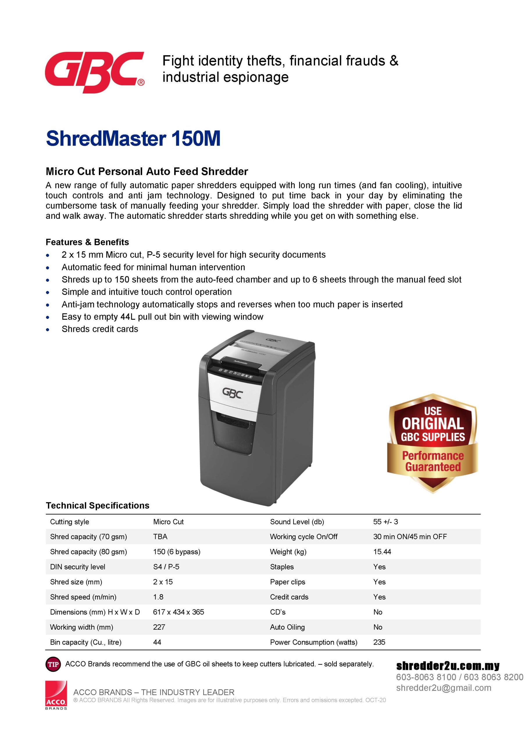 GBC ShredMaster 150X Specification